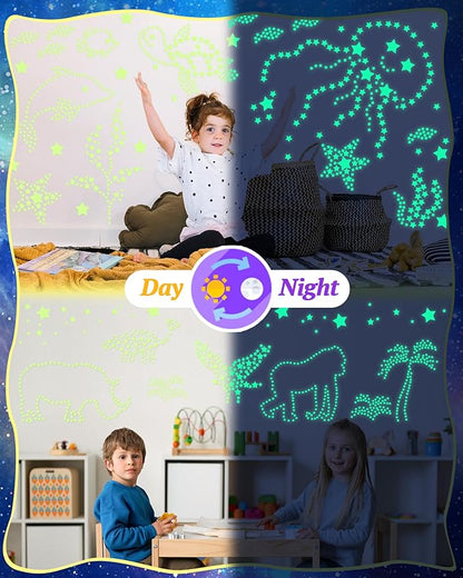 201 Pcs Glow in The Dark Stars Stickers for Ceiling, Toddler Stocking Stuffers Wall Room Decor Gifts, Luminous 3D Glowing Stars Easter Basket Stuffers for Kids Boys Girls - Green