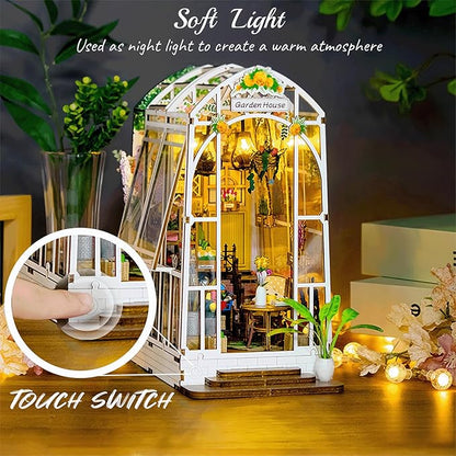 DIY Book Nook Kit with Music Box, 3D Wooden Puzzle Dollhouse with LED, Greenhouse Bookend for Adults and Teens, Bookshelf Decoration, Creative Gift for Friends and Family. Garden House