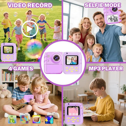 Instant Print Camera for Kids, 1080P Video Camera with 3 Print Rolls, 32GB Card & Cute Cover, Gift for Girls Boys Age 3-12, Toddler Digital Camera with Games, Filters, Music – Purple