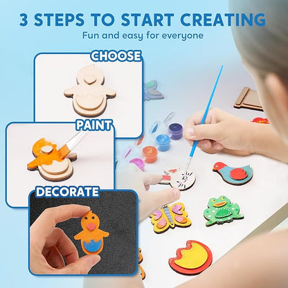 JOYIN 12 Wooden Magnet Creativity Arts & Crafts Painting Kit for Kids, Decorate Your Own Painting Gift for Halloween Crafts, Birthday Parties and Family Crafts, Party Favors for Boys Girls