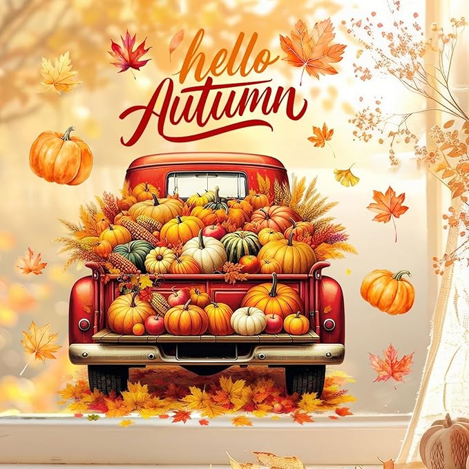Fall Window Clings for Glass Thanksgiving Static Cling Window Decals 1PCS Pumpkin Maple Leaves Autumn Reusable Window Stickers Home School Office Decorations