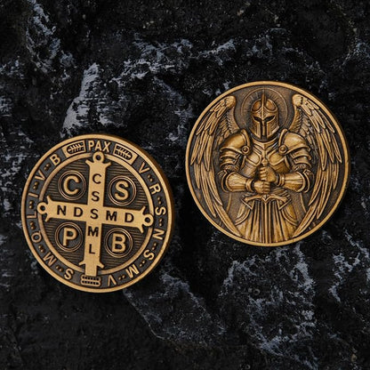 St Benedict Coin & Archangel Michael Religious Token Set - Christian Prayer Medallion with Latin Inscriptions & Guardian Angel Design