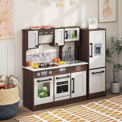 2-Piece Kids Kitchen Playset, Wooden Play Kitchen Set for Toddlers, Modular Pretend Play Kitchen w/Light&Sound Stove Oven, Large Kitchen Cooking Toy w/Refrigerator, Gift for Girls Boys