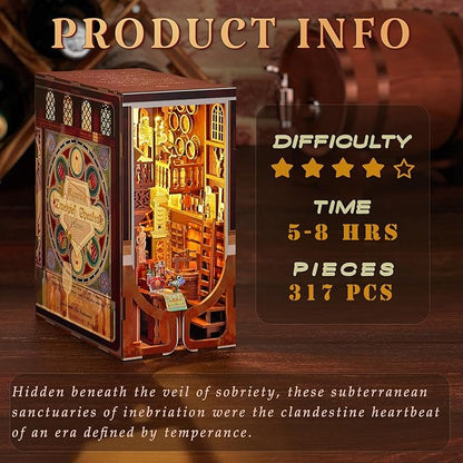 Book Nook Kit, DIY Miniature Dollhouse Booknook Kit, 3D Wooden Puzzle Bookend Bookshelf Insert Decor with LED Light for Teens and Adults (Roaring Twenties Speakeasy)