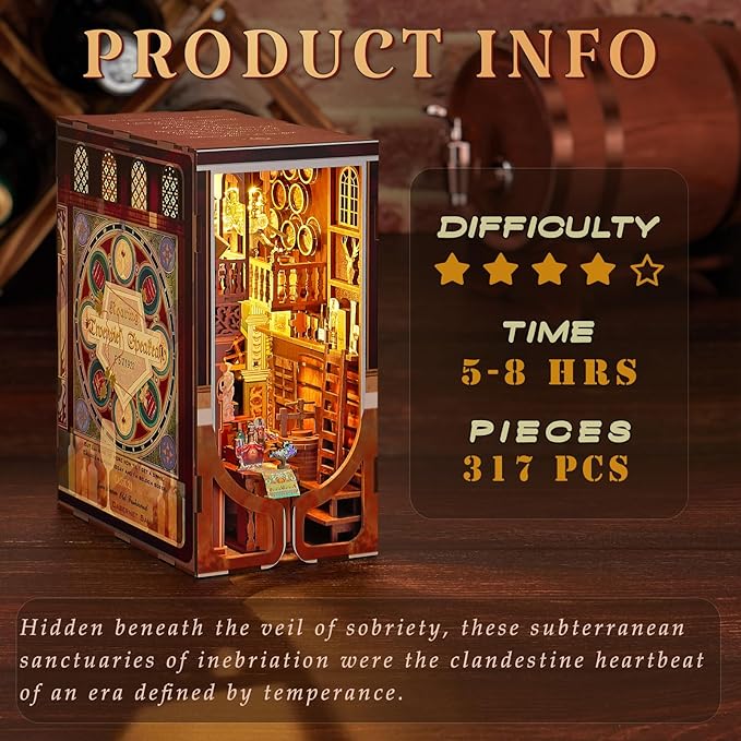 MiniCity DIY Book Nook Kit for Adults, 3D Wooden Puzzle Bookend Bookshelf Insert Decor with LED Light and Dust Cover (Roaring Twenties Speakeasy)