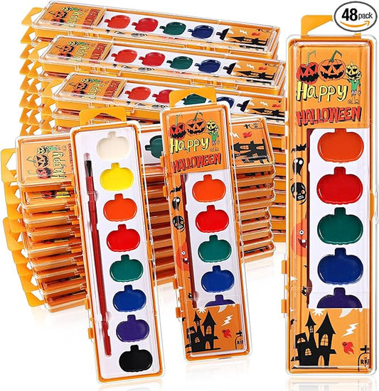 48 Pack Halloween Pumpkin Watercolor Paint Set for Kids 8 Washable Colors with Brushes Water Color Painting Kit for Halloween Painting Kit Gift Party Supplies