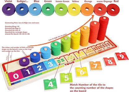 TOWO Wooden Stacking Rings and Counting Games with 45 Rings Number Blocks- Counting Ring Stacker-Wooden Sorting Counting Toy for 3 Years Old Kids Maths Learning Montessori Materials