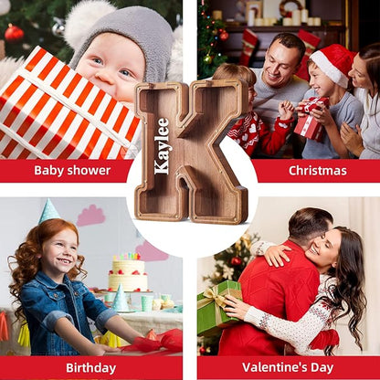 Summidate Large Wooden Piggy Bank for Kids Adults, Alphabets Letter A-Z Piggy Bank for Boys Girls, Coins Bills Change Bank Box Personalized Initial Name Kids Money Bank for Birthday Present and Decor