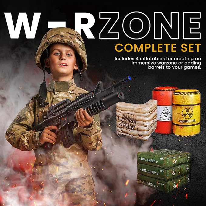 Package 8 Combat Battle Field Inflatables, 6 Barrels + 1 Sandbag + 1 Army Box, Compatible with Laser tag, Water Gun for Boys Birthday Party Activities and Decoration.
