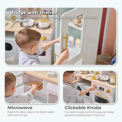 Teamson Kids Little Chef Savannah Wooden Montessori Pretend Play Kitchen for Toddlers Kids Ages 3+ Modular Three-Piece Set with Sink Cart Stove & Fridge for Boys and Girls Playset, Green