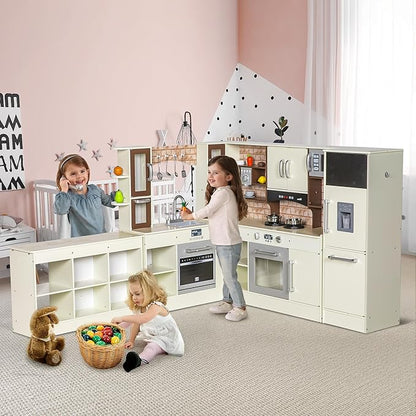 3-Piece Kids Kitchen Playset, Walk-in Wooden Play Kitchen Set for Toddlers, Modular Pretend Play Kitchen w/Light&Sound, Large Corner Kitchen Cooking Toy w/Coffee Capsule, Gift for Girls Boys