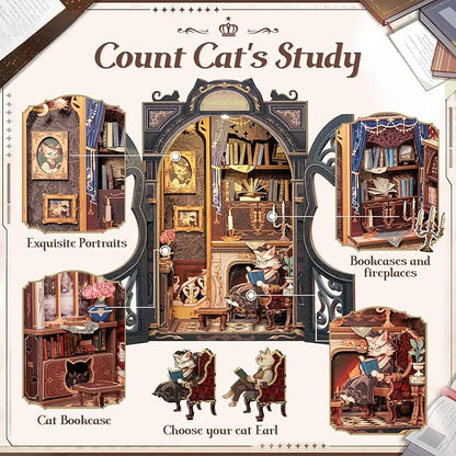 Cutefun Book Nook Kit - DIY Miniature House Kit for Bookshelf Decor, Book Nook Kits for Adults & Beginners, 3D Wooden Puzzle Dollhouse, Ideal Gift for Family and Friends (Count Cat's Study)