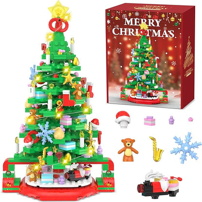 Flyart Christmas Tree Building Blocks, Toy Building Sets with LED Light, Christmas Tree Building Bricks with Christmas Train, Stocking, Snowflake, Xmas Gifts for Kids Adults Teens
