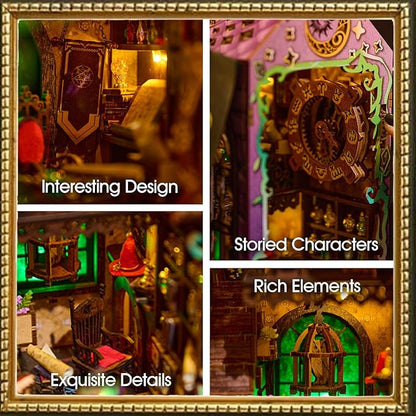[2025 New] Mystic Theurge's Book Nook Kit with Dust Cover & LED Light, DIY Miniature House Kit Toy, 3D Wooden Puzzle Bookshelf Decor Building Kit, Birthday Gifts for Family & Friends