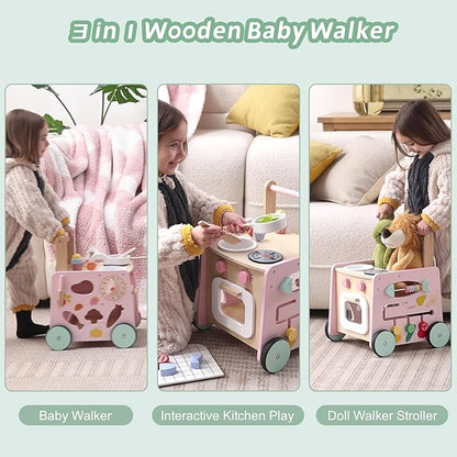 Wooden Baby Walker 9-in-1 Activity Center with Toddlers Montessori Sensory Toys and Play Kitchen Push Walker for Kids with Wheels and Storage Space, Ideal Gift for Girls Boys Ages 6-36 Month