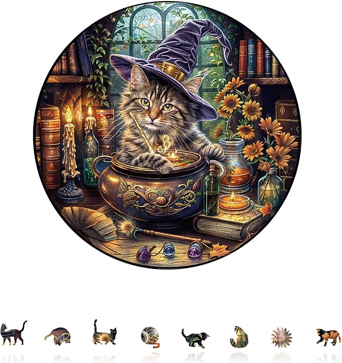KAAYEE Wooden Puzzles for Adults, 3D Visual Effect Magic Feline Cat Wooden Jigsaw Puzzle Unique Shape Wood Puzzle Adult, 3D Effect Flat Puzzle Birthday Family Game (M-11.4 * 11.4 in-200pcs)