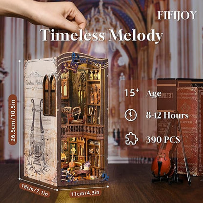 Timeless Melody Book Nook Kit, DIY Miniature Dollhouse Booknook Kit Music, 3D Wooden Puzzle Bookend Bookshelf Insert Decor with LED Light, Mini House Kit for Teens and Adults