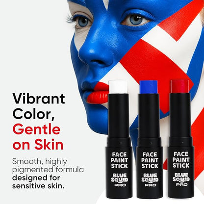 Blue Squid PRO Red White Blue Face Paint Stick - Waterproof Body Paint For Adults & Kids Eye Black Baseball, Eyeblack Softball - Hypoallergenic Twist-Up Non-Toxic Makeup Stick - Cosplay, Sports & SFX