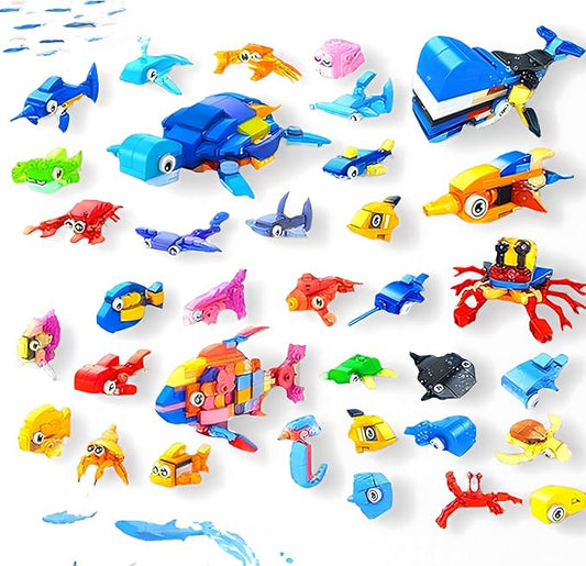 30 Packs Building Blocks Party Favors for Kids, 10 in 1 Mini Animals Building Block Sets for Classroom Prizes, Birthday, Party Favors Return Gifts, Valentines, Easter Gifts (Ocean)