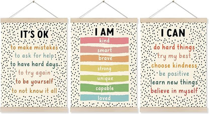 Koesus Inspirational Classroom Wall Art Poster Hanger Frame 12x16 Inch Set of 3, Motivational Canvas Pictures Prints Framed Wall Decor for Classroom Kids Room Playroom, Positive Affirmations for Kids