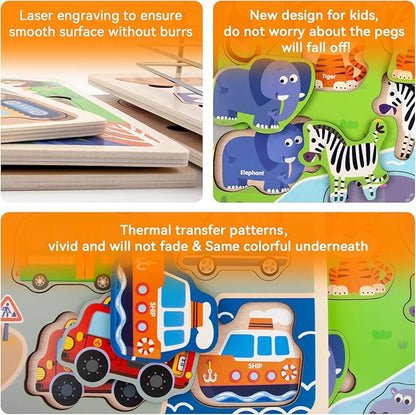 Wooden Puzzles for Toddlers with Storage Rack, WOOD CITY Toddler Puzzles Ages 3-6 for Kids, Learning Preschool Wood Puzzle for Boys and Girls-6 Pack Alphabet Number Shape Fruit Animal Vehicle