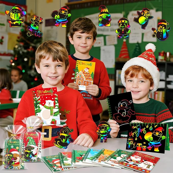 24 Pack Christmas Scratch Art Party Favors for Kids - Rainbow Scratch Paper with Christmas Scratch Off Cards Easter Birthday Goodie Bags Stuffers - Winter Holiday Gifts DIY Classroom Prizes