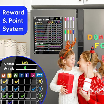 2Pcs Acrylic Magnetic Chore Chart for Kids & Adults, 12"x9.5" Clear Dry Erase Reward Board - Behavior and Responsibility Refrigerator Chart for at Home Multiple Kids, Teens(w/ 8 Markers & Towel)