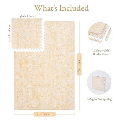PopsyKosy Premium Exercise & Baby Foam Play Mats - Stylish & Large Non-Toxic Odorless Floor Mat - 6 Tiles - Spacious 6ft x 4ft - Peel-Resistant Reinforced - Soft Thick, Waterproof - Light Apricot