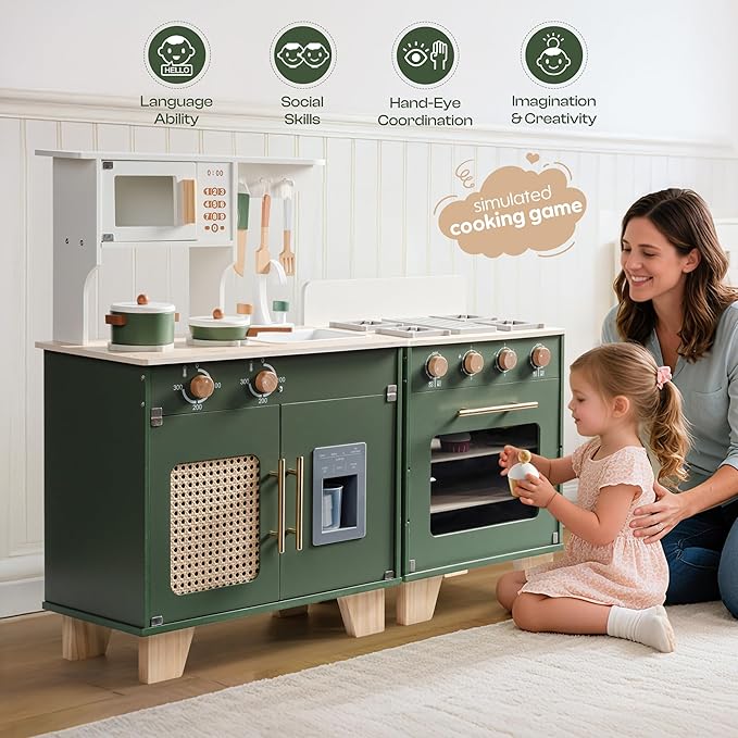 ROBOTIME Play Kitchen with Toy Fridge, Toy Oven, Wooden Kids Kitchen Play Set, Toy Kitchen Set for Kids Age 3 4 5 6 7 (Vintage Green)