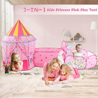 3pc Princess Fairy Tale Kids Play Tent, Cube Crawl Tunnel, Ball Pit for Toddlers, Indoor Outdoor Playhouse Castle Toys, Baby Boys Girls for 3 4 5 6 7 Years Old (Balls Not Included)