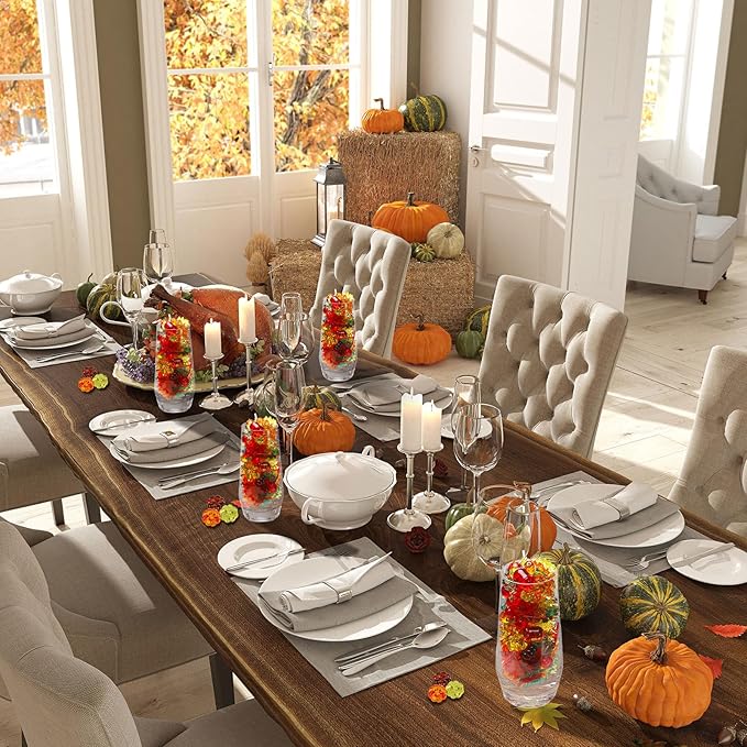 Frienda 400 Pieces Acrylic Fall Vase Filler Mini Pumpkins Leaves Maple Acorns Sensory Bin Filler for DIY Crafts Home Decoration Thanksgiving and Autumn Table Centerpieces