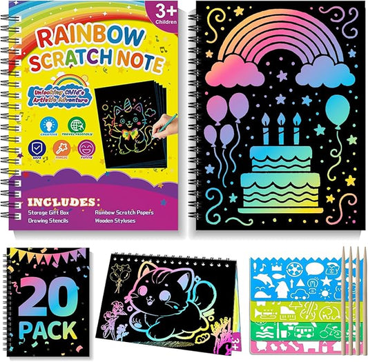 HXDOGSP Scratch Art for Kids: 20 Pack Rainbow Scratch Paper Party Favors - Art Crafts Notebook Suitable for Birthday Gifts/School Crafts Kit/Classroom Prizes for Girls and Boys Aged 4-12