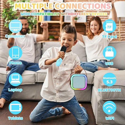 Mini Karaoke Machine for Kids Adults, Portable Bluetooth Karaoke Speaker with 2 Wireless Microphone and Lights Toys for 4, 5, 6, 7, 8, 9,10 Year Old Boys and Girls for Birthday (Blue)