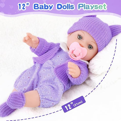ZNTWEI 12 Inch Backpack Baby Doll Playset with Washable Dolls and Accessories Includes Backpack, Bottles, Nipple, Blankets, Hats, Clothes, Socks First Baby Dolls for Toddlers 3 Years and Up