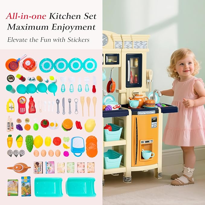 [2025 Upgraded] Kitchen for Kids & Toddlers Play Kitchen Set with Tablet Ordering, Music, Lights & Sounds, Steam Stove & Boiling Bubbles, Oven Dings, Faucet & Dishwasher,Easy-Install,Life Skills(Blue)