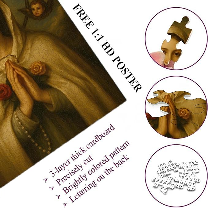 1000-piece Prayer to Our Lady - Halo and Cherubim Adult Wooden Puzzle, Intellectual Challenge, Stress-Relieving Puzzle, Relaxing Family Activity, Decoration, Size: 29.5 x 19.7 in