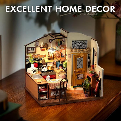 ROBOTIME Miniature House Kit DIY Mini Dollhouse with Furniture Tiny Room Kit with LED Light Hobby Wooden Craft Diorama Gift for Adults (Cozy Kitchen)