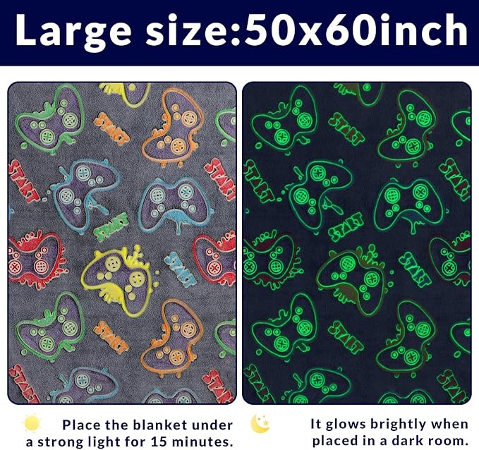Glow in The Dark Game Controller Blanket Gamer Gifts Toys for Kids Boys Boyfriend Gaming Gamepad Presents Birthday Christmas Easter