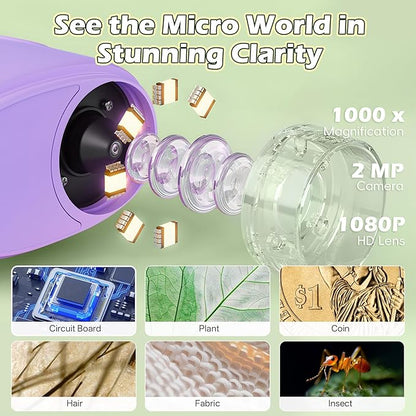 Kids Digital Microscope 1000X Zoom, Mini Pocket Handheld Microscope with Camera/Video/Telescope Function, Portable Outdoor Travel Toys for Boys Girls 3-8 Years STEM Gifts, 8GB SD Card Included