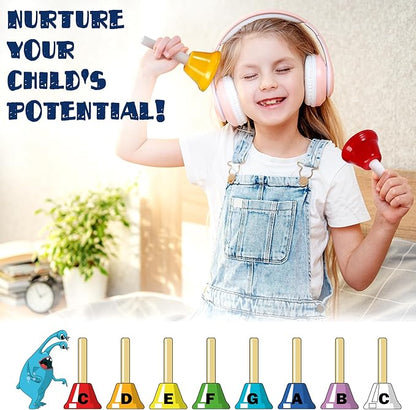 MINIARTIS Hand Bells for Kids | Educational Music Toys for Toddlers 8 Notes Colorful Handbells Set | Kids Musical Instrument with 15 Songbook | Great Birthday Gift for Children