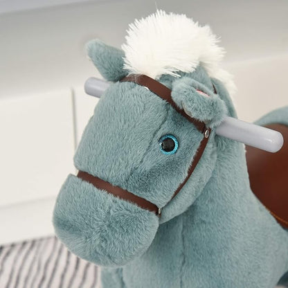 Qaba Kids Plush Ride-On Rocking Horse with Bear Toy, Children Chair with Soft Plush Toy & Fun Realistic Sounds, Blue