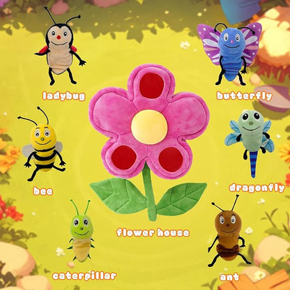 6pcs Insect Finger Puppets Bringing a Flowers House, Novelty Animals Toys Puppet for Kids, Storytelling Role-Playing Plush Finger Puppets Gifts for Boys and Girls