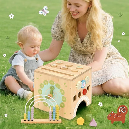 9-in-1 Wooden Activity Cube Baby Busy Board, Montessori Toys for Toddler Play Activity Center, Early Educational Toys with Shape Sorter, Abacus & Gear Toy, Sensory Gifts for Boys Girls