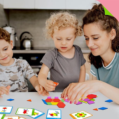 155 PCS Wooden Pattern Blocks Set, 24 Double-Sided Design Cards(48 Patterns) Geometric Shape Puzzle Fun Tangram Montessori Learning Toys for Kids Ages 4-8 (A Storage Bag & A Gift Box)