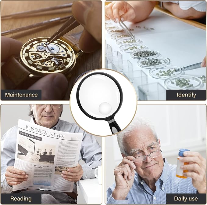 Feosky Handheld Reading Magnifier, 10X 30X Magnifier, 90mm Shatterproof Lens, Non-Slip Handle for Adults Close Work, Seniors Reading and Kids Nature Exploration, Hobby Observation(Silver)