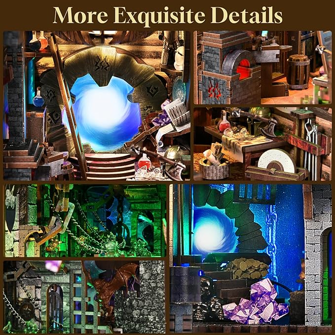 DIY Book Nook Kit, DIY Miniature Dollhouse Booknook Kit, 3D Wooden Puzzle Bookend Bookshelf Insert Decor with LED Light for Teens and Adults (Blade and Magic)