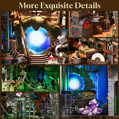 DIY Book Nook Kit, DIY Miniature Dollhouse Booknook Kit, 3D Wooden Puzzle Bookend Bookshelf Insert Decor with LED Light for Teens and Adults (Blade and Magic)