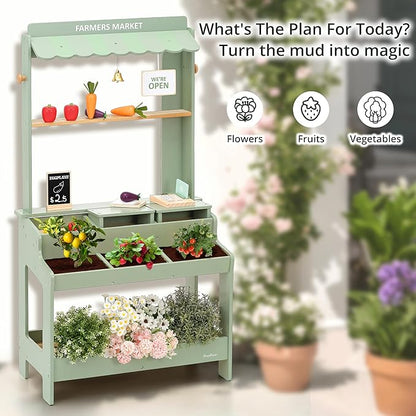 PairPear Wooden Mud Grocery Stand, 2-in-1 Outdoor Market Stand & Mud Kitchen for Kids Outdoor, Montessori Pretend Play Toy with 14 Accessories, Cash Register & Play Food, Ages 3+ in Green