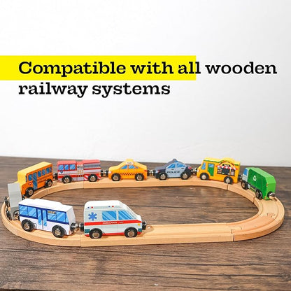 9 Piece Wooden Cars with Magnets - City Vehicles, Emergency Trucks, School Bus, Police, Fire, Ambulance, Taco Truck Toy - Community Helpers Play Set - Zany Trains
