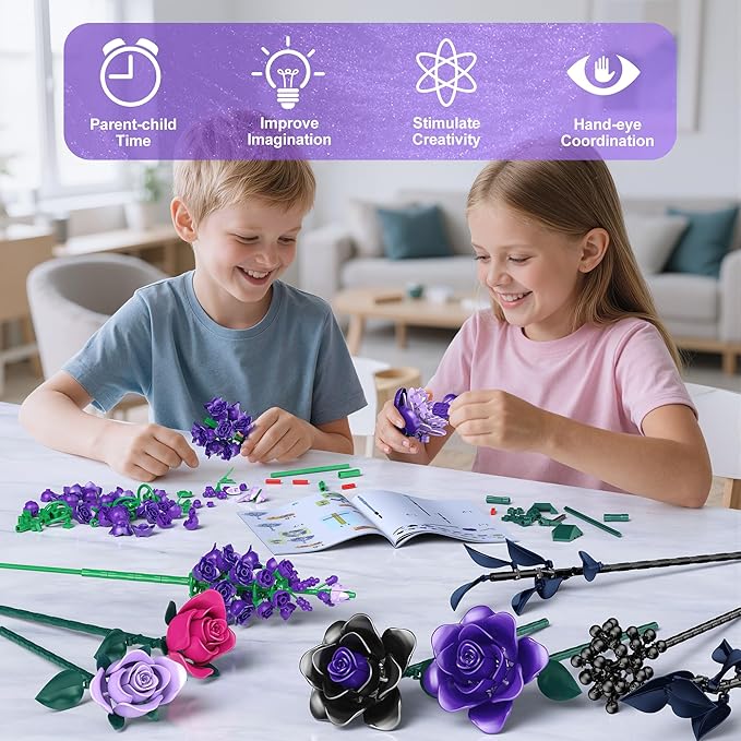 Purple Roses Bouquet Building Set for Kids Ages 6+, 701PCS Artificial Flowers Bouquet Home Office Decor for Adults Women Teengirls, Gift for Birthday Valentine's Day Halloween Christmas